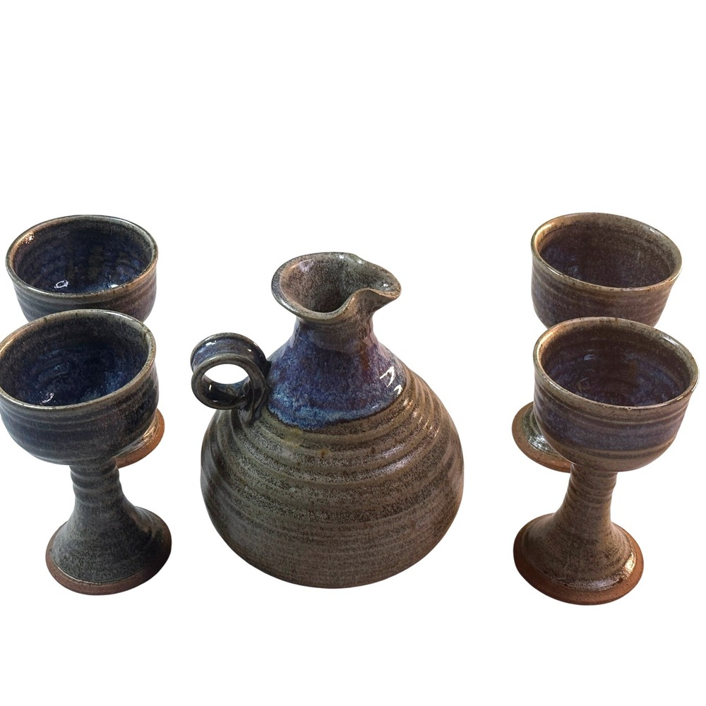 Studio Pottery Wine Pitcher 4 Chalice Goblets Blue Brown Drip Glaze Cottagecore